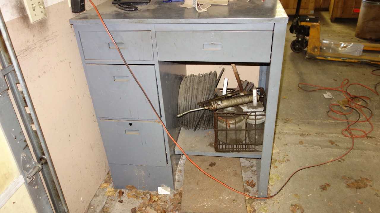 DESK WITH CONTENTS (WIRE SPOOL UNDER DESK NOT INCLUDED) - PLANT & FACILITY