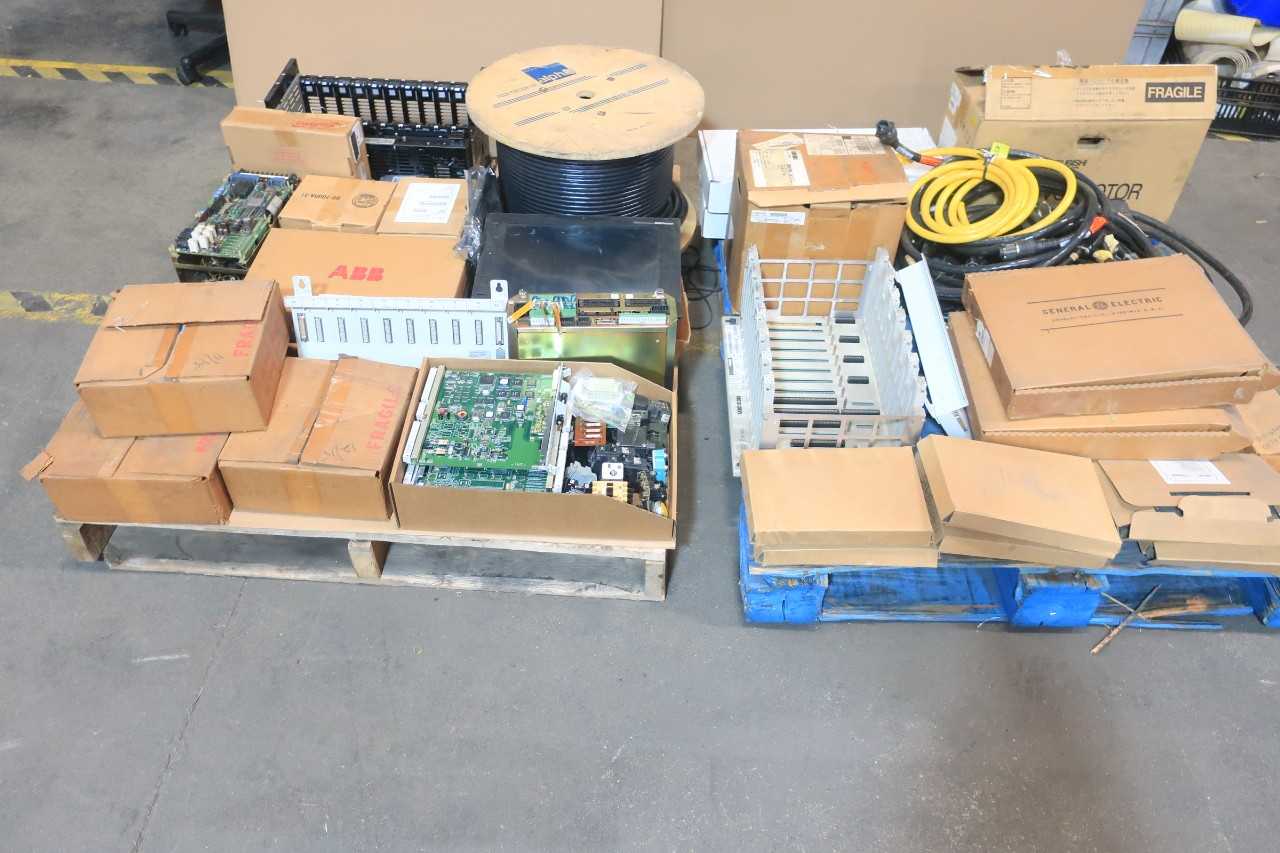 2 PALLETS OF ASSORTED ELECTRICAL CIRCUIT BOARDS, CABLE- WIRE CONTROLS, INPUT MODULES, SWITCH CONTROLS, POWER SUPPLY MODULE, SENSOR, CABLE-WIRE, SERVO CONTROLLER, SERVO DRIVE- BS&B, GE FANUC, BAILEY, ABB, YASKAWA - AUTOMATION & CONTROLS
