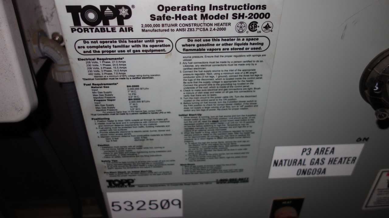 TOPP PORTABLE AIR SH-2000 SAFE-HEAT 2,000,000 BTU/HR CONSTRUCTION HEATER (DELAYED REMOVAL) - TOOL STORAGE