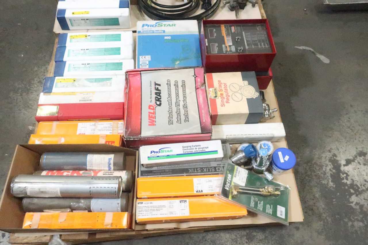 2 PALLETS OF ASSORTED MANUFACTURING EQUIPMENT- BAND SAW BLADES, ELECTRODES, WELDING EQUIPMENT, WELDER CONTROL MODULES- LINCOLN, UTP, TECHALLOY, WELDCRAFT, PROSTAR - WELDING EQUIPMENT