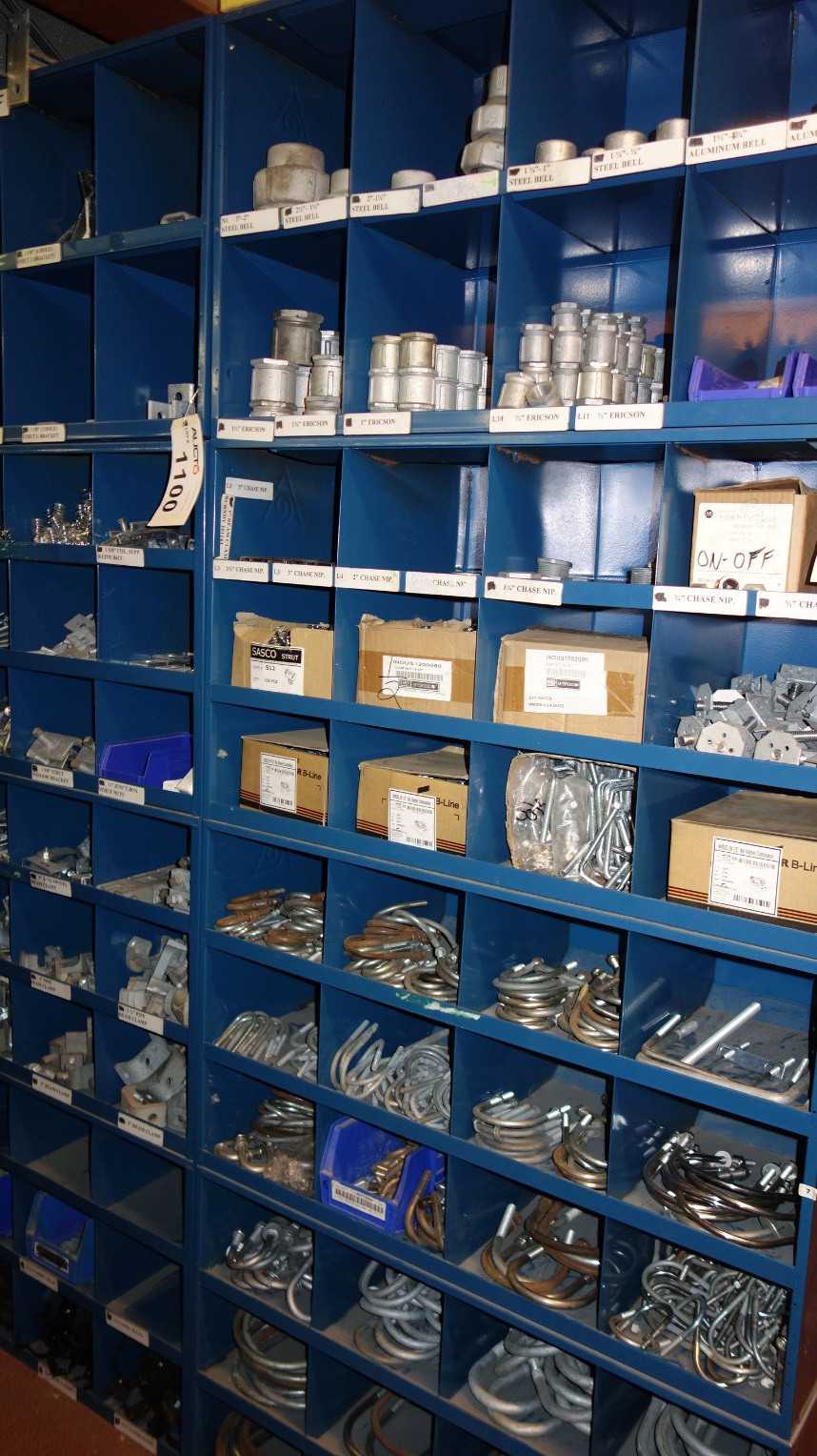 CONTENTS OF 4X STACKED PIGEON HOLE CABINET, ASSORTED ELECTRICAL CONDUIT - ELECTRICAL COMPONENTS