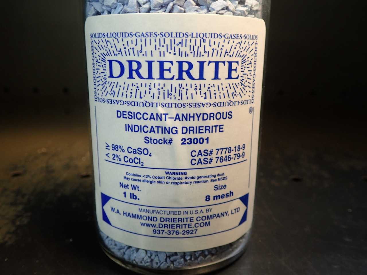 Drierite Anhydrous Indicating 8 Mesh 1lb Jar CaSO4 + CoCl2 23001 New! Sealed - LAB & SCIENTIFIC