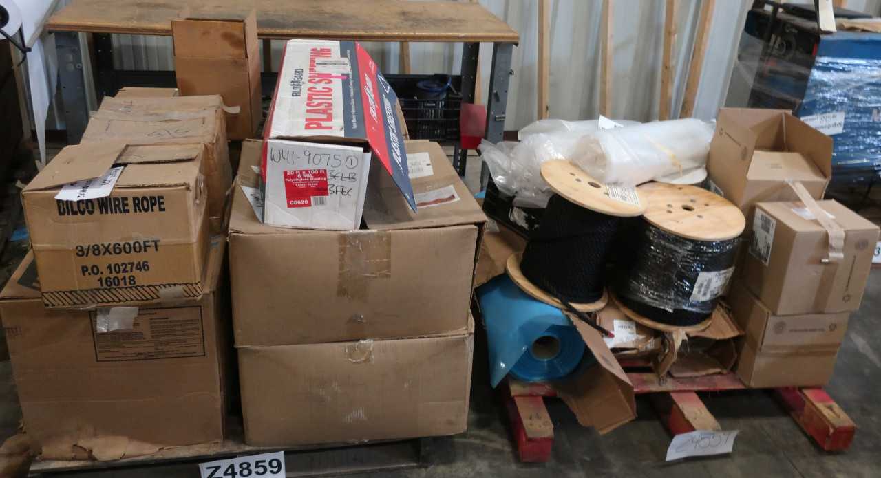 2 PALLETS OF ASSORTED ROPE PLASTIC HOSES PLASTIC SHEETING - MISCELLANEOUS