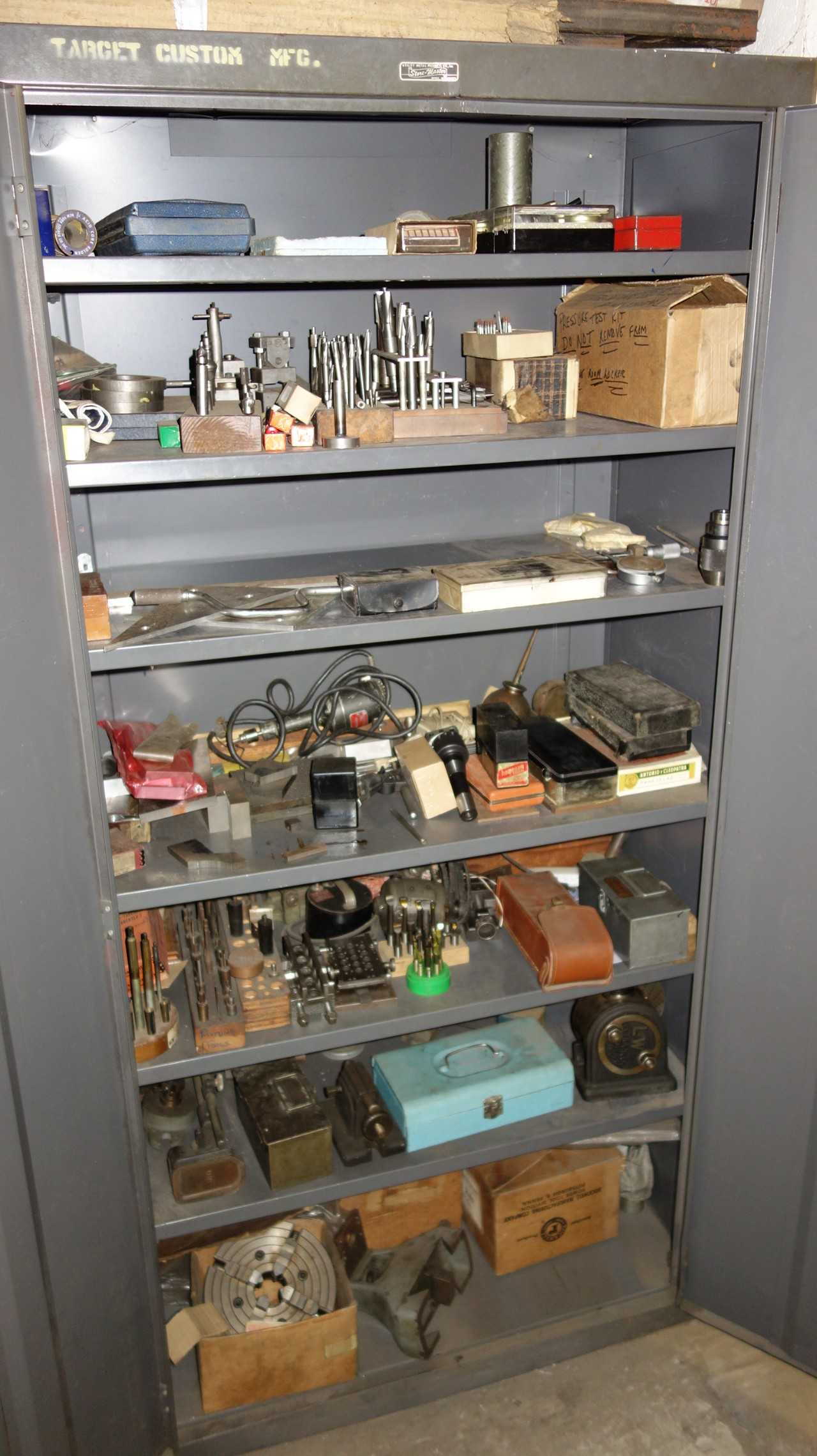 CABINET WITH CONTENTS, ASSORTED METALWORKING TOOLS, GAGES, COLLETS, CHUCKS, TAPS, BITS, ATTACHMENTS, GENERAL PURPOSE TOOLS (SPEED WRENCH & GRAY METAL BOX NOT INCLUDED) - ELECTRIC POWER TOOLS