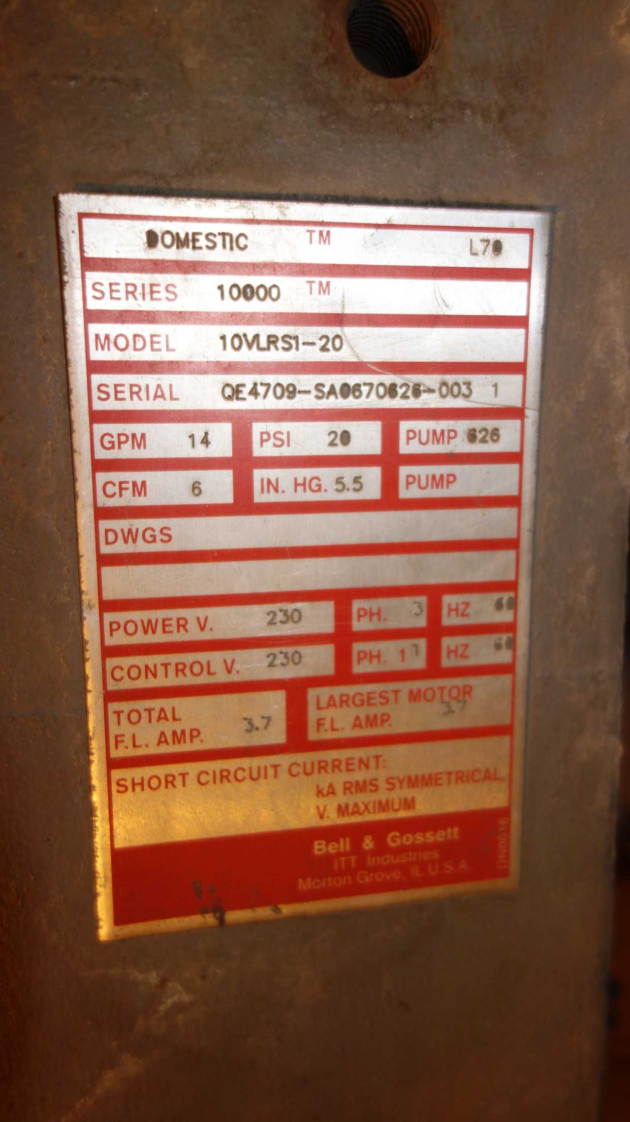 BELL & GOSSETT 10VLRS1-20 14GPM VACUUM HEATING PUMP - VACUUM PUMP