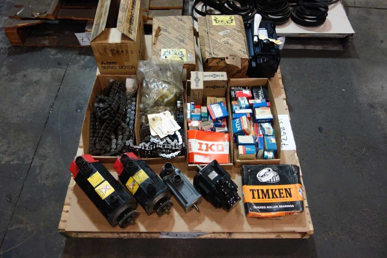 3 PALLETS OF ASSORTED POWER TRANSMISSIONS- BELTS, CONVEYOR CHAIN, BEARINGS, SERVOMOTORS- DODGE, TIMKEN, NTN, SKF, MITSUBISHI - BEARINGS