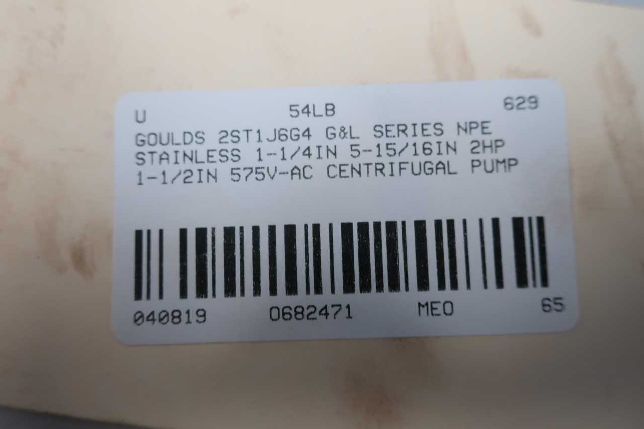 GOULDS 2ST1J6G4 NPE 1-1/4X1-1/2-6 STAINLESS 1-1/4IN 5-15/16IN 2HP 1-1/2IN 575V-AC CENTRIFUGAL PUMP - CENTRIFUGAL PUMP
