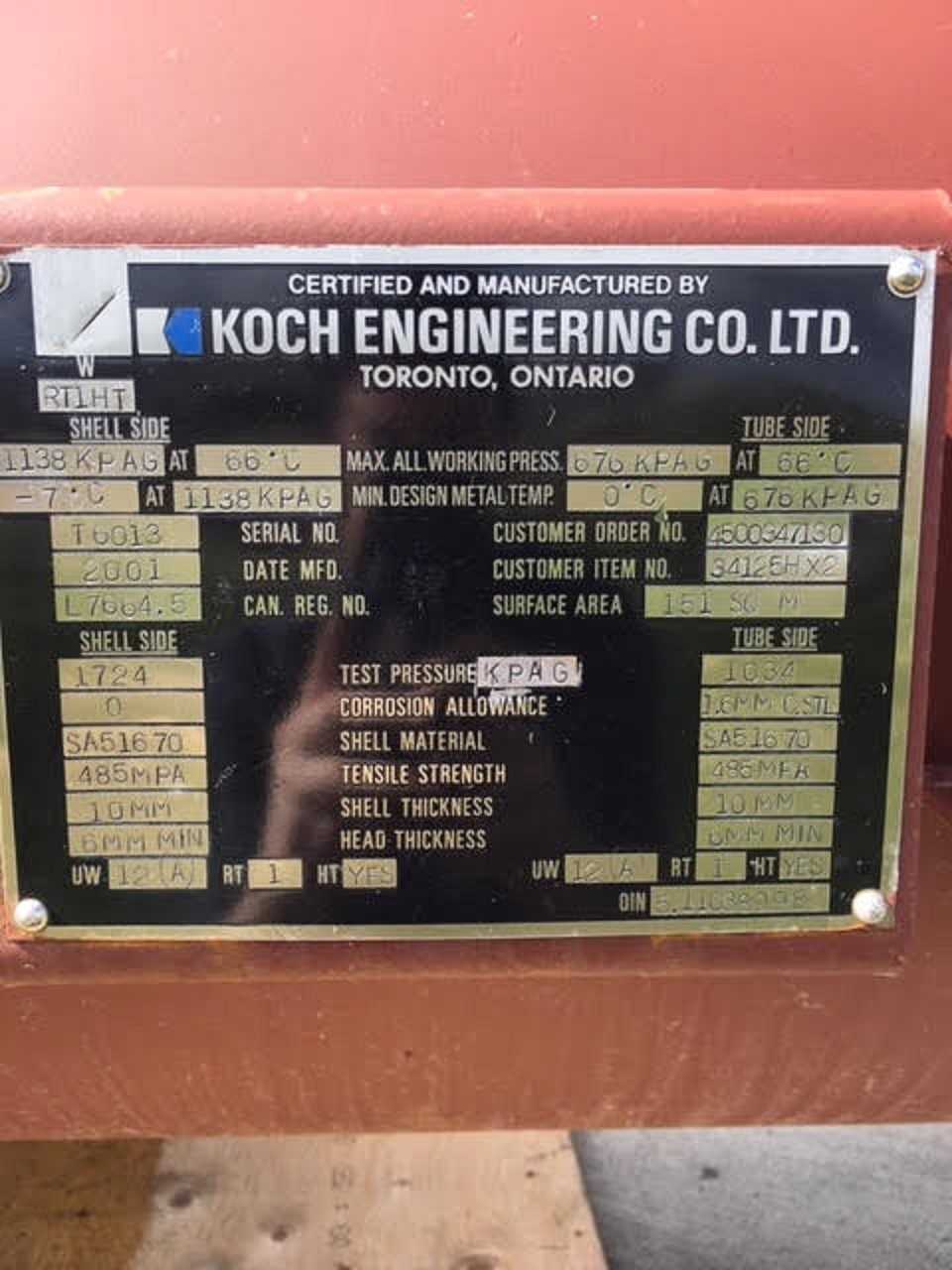KOCH ENGINEERING STEEL SHELL AND TUBE HEAT EXCHANGER 1626 SQ FT 165PSI @ 150F - 
