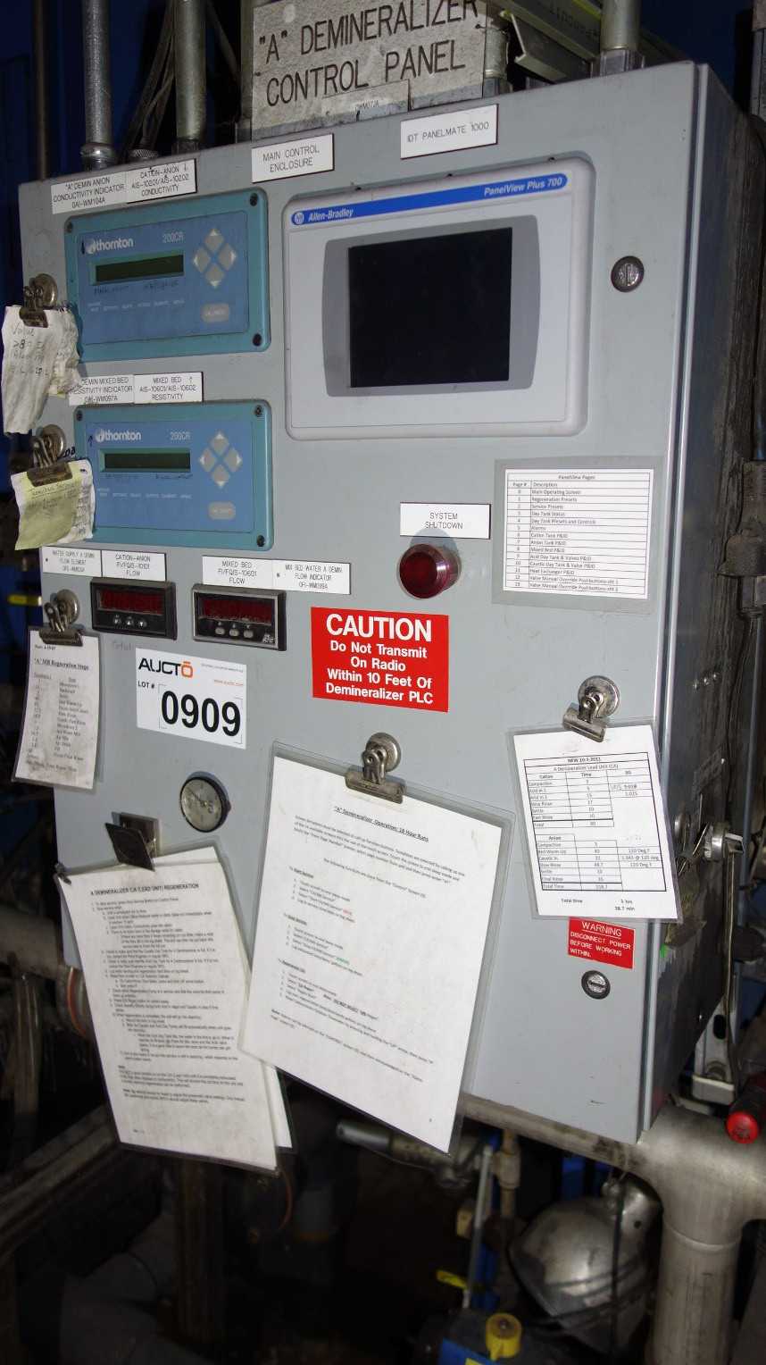 DEMINERALIZER CONTROL PANEL W/ 2X THORNTON 200CR METER, ALLEN BRADLEY 1747-L541 CONTROLLER MODULE RACK, 2711P-RP8A PANELVIEW PLUS 700 - AUTOMATION & CONTROLS