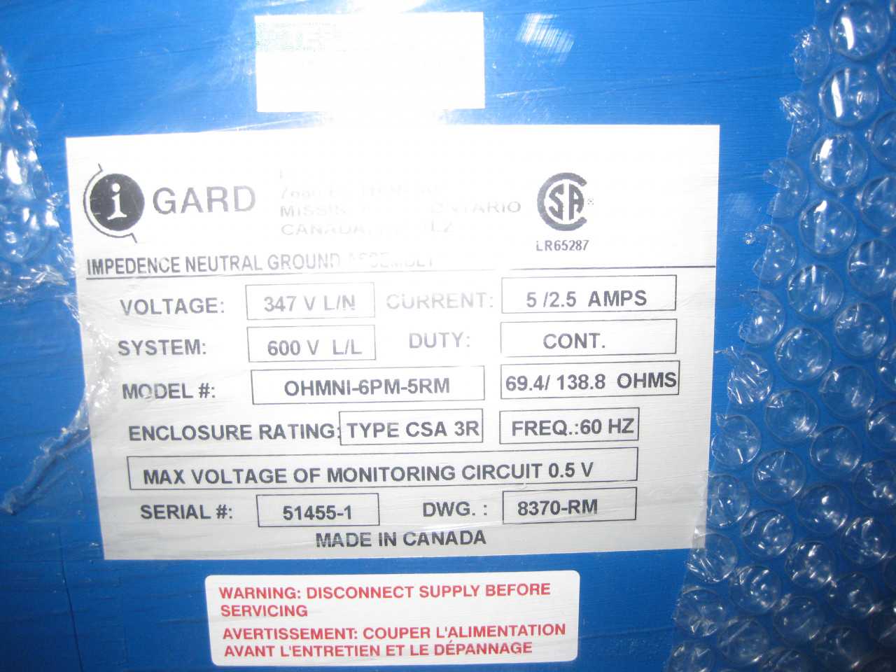 IMPEDENCE NEUTRAL GROUND ASSEMBLY ( OHMNI-6PM-5RM ) - ELECTRICAL COMPONENTS