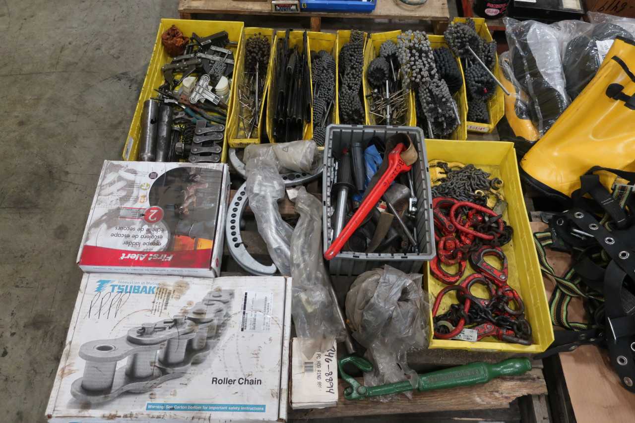 6 PALLETS OF ASSORTED TOOLS & SAFETY EQUIPMENT SNIPS CUTTERS HOISTS BRUSHES FALL PROTECTION DRILLS BLADES - ELECTRIC POWER TOOLS