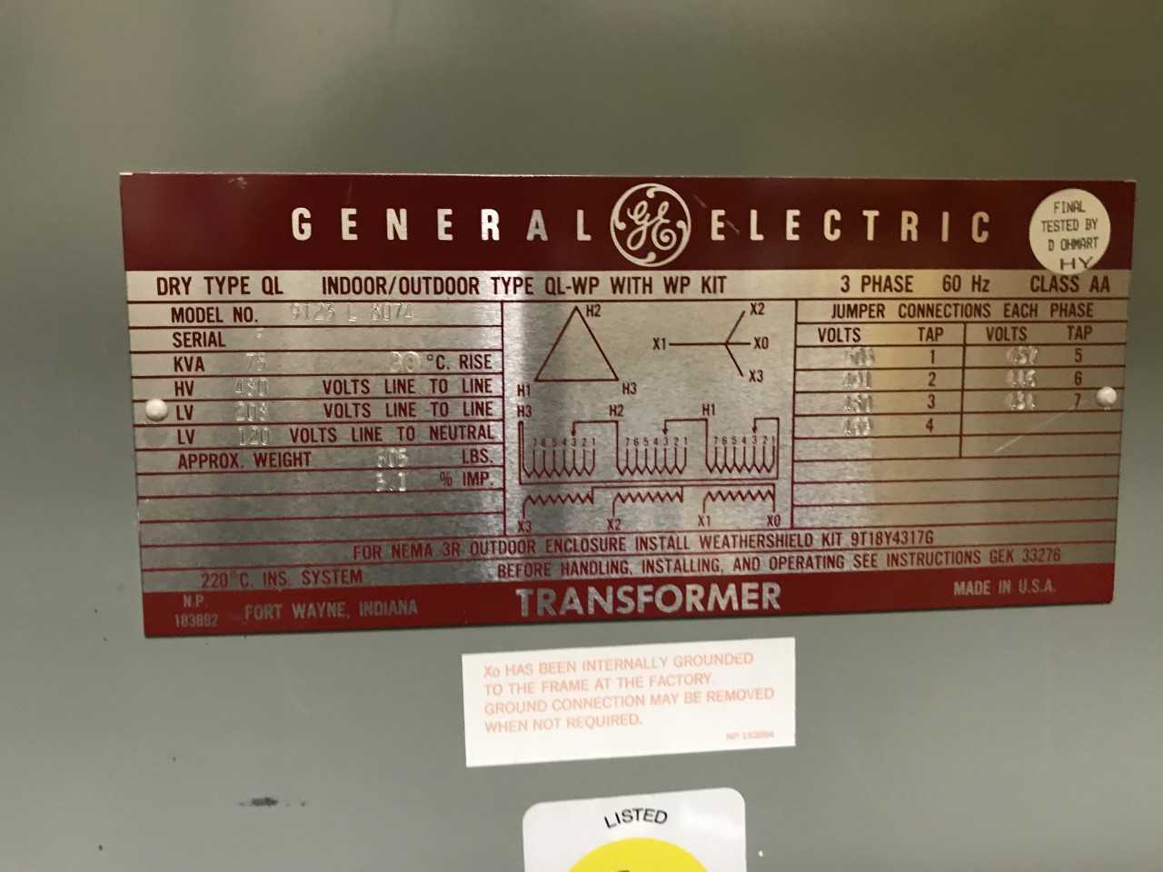 GENERAL ELECTRIC 75KVA DRY TYPE TRANSFORMER - CONTROL TRANSFORMERS