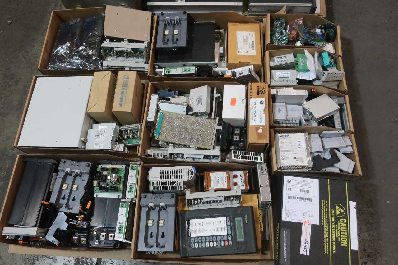 2 PALLETS OF ASSORTED ELECTRICAL CONTROLS, CIRCUIT BOARDS, MODULES- CONAIR, AMBI-TECH, ALLEN BRADLEY, OMEGA, YASKAWA, MITSUBISHI, BAILEY, HALMAR ROBICON, HARDY - AUTOMATION & CONTROLS