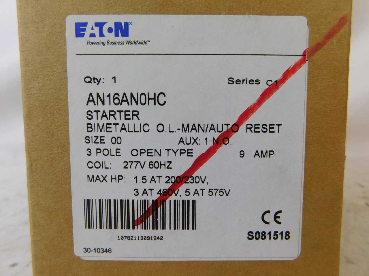 Quantity of 2 New Surplus Eaton AN16AN0HC Starter Open 3P 9A 277V 60Hz - MOTOR STARTERS