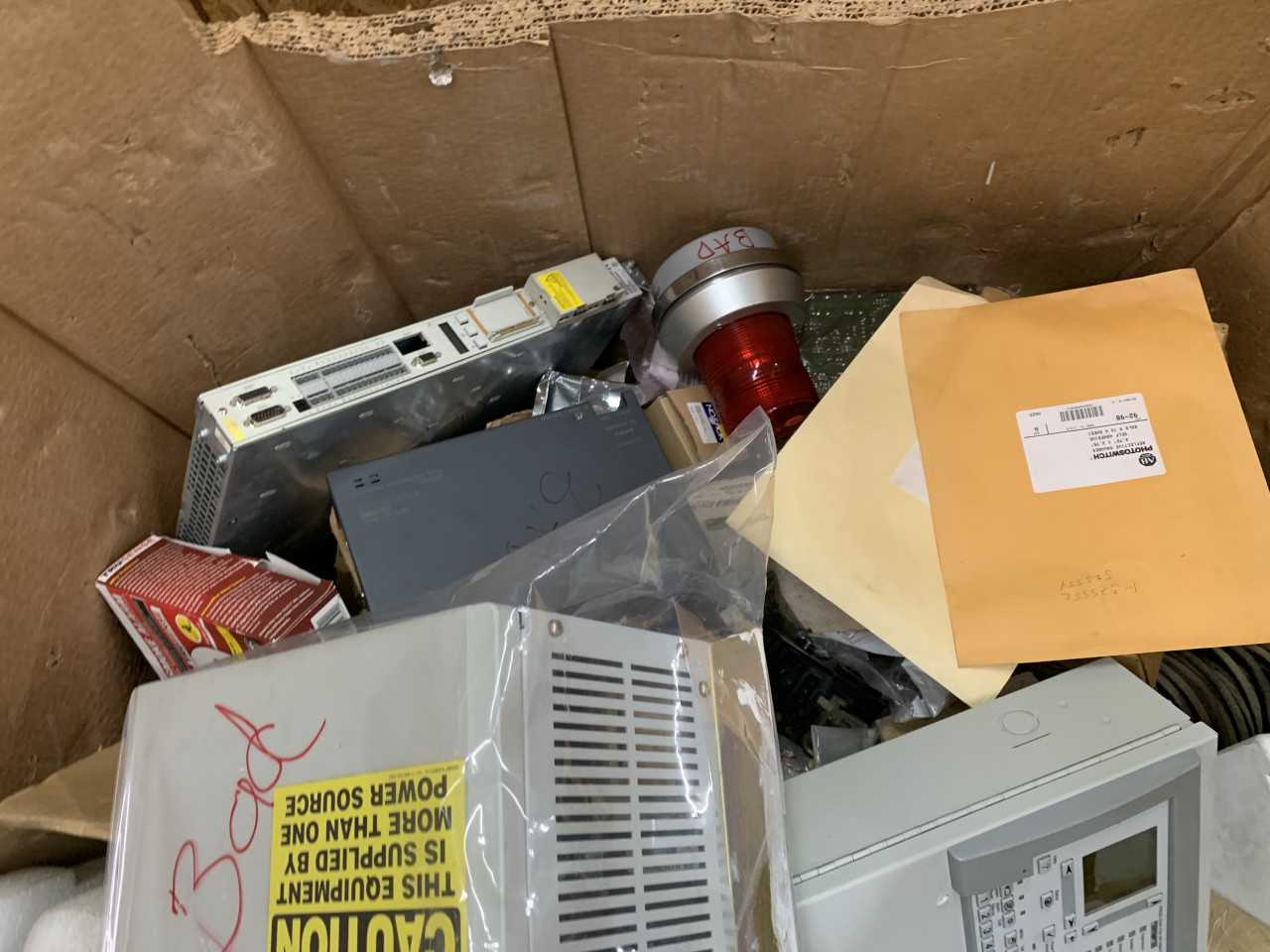 CRATE OF RETURNS AND NON-WORKING ELECTRICAL PARTS ALLEN-BRADLEY ETC. - ELECTRICAL COMPONENTS
