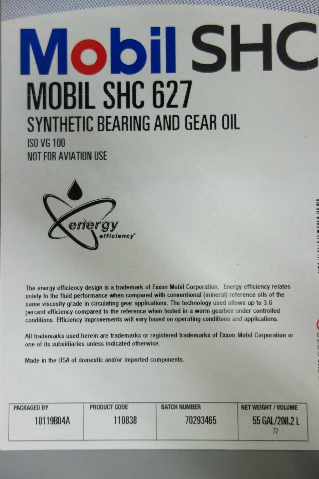 LOT OF 4 FULL 55 GALLON DRUMS OF MOBIL SHC 627 SYNTHETIC BEARING AND GEAR OIL - BEARINGS