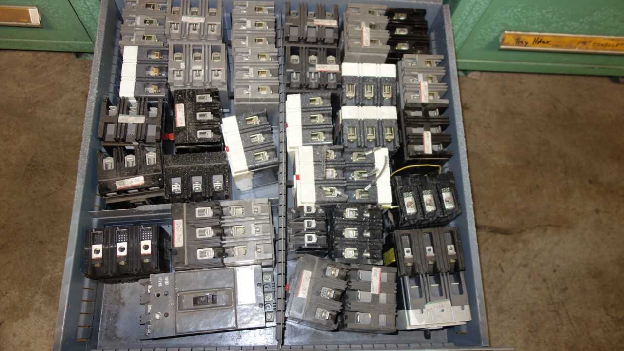 CONTENTS OF CABINET, ASSORTED ELECTRICAL MRO, BREAKERS, TEMPERATURE CONTROLLERS - ELECTRICAL COMPONENTS