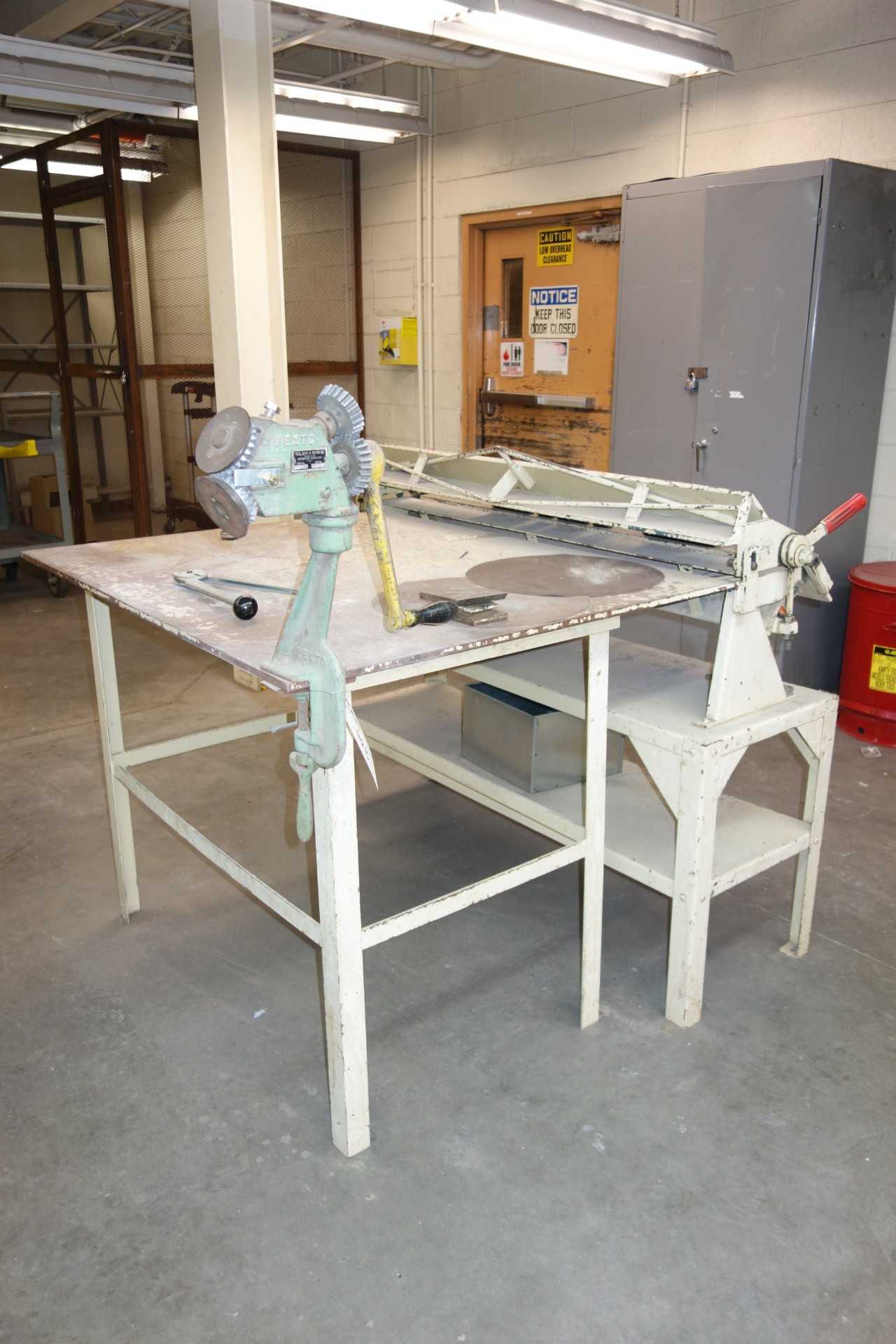 Steel Work Table 4' x 4' x 3' with Tennsmith and Pexto 561F Edger - PLANT & FACILITY