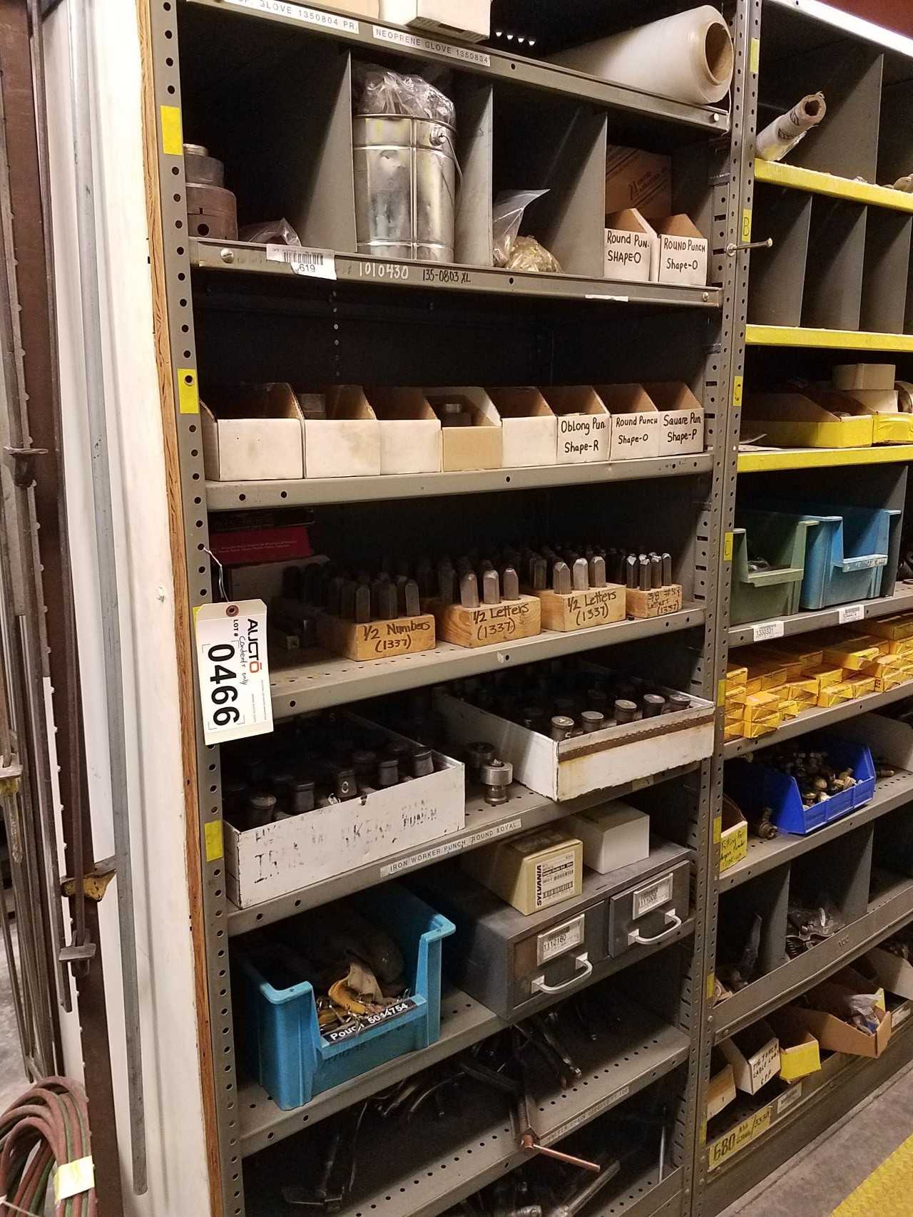 Contents of 1 row of shelving - punches, clamps, welding electrode, electrode holders - SHELVING
