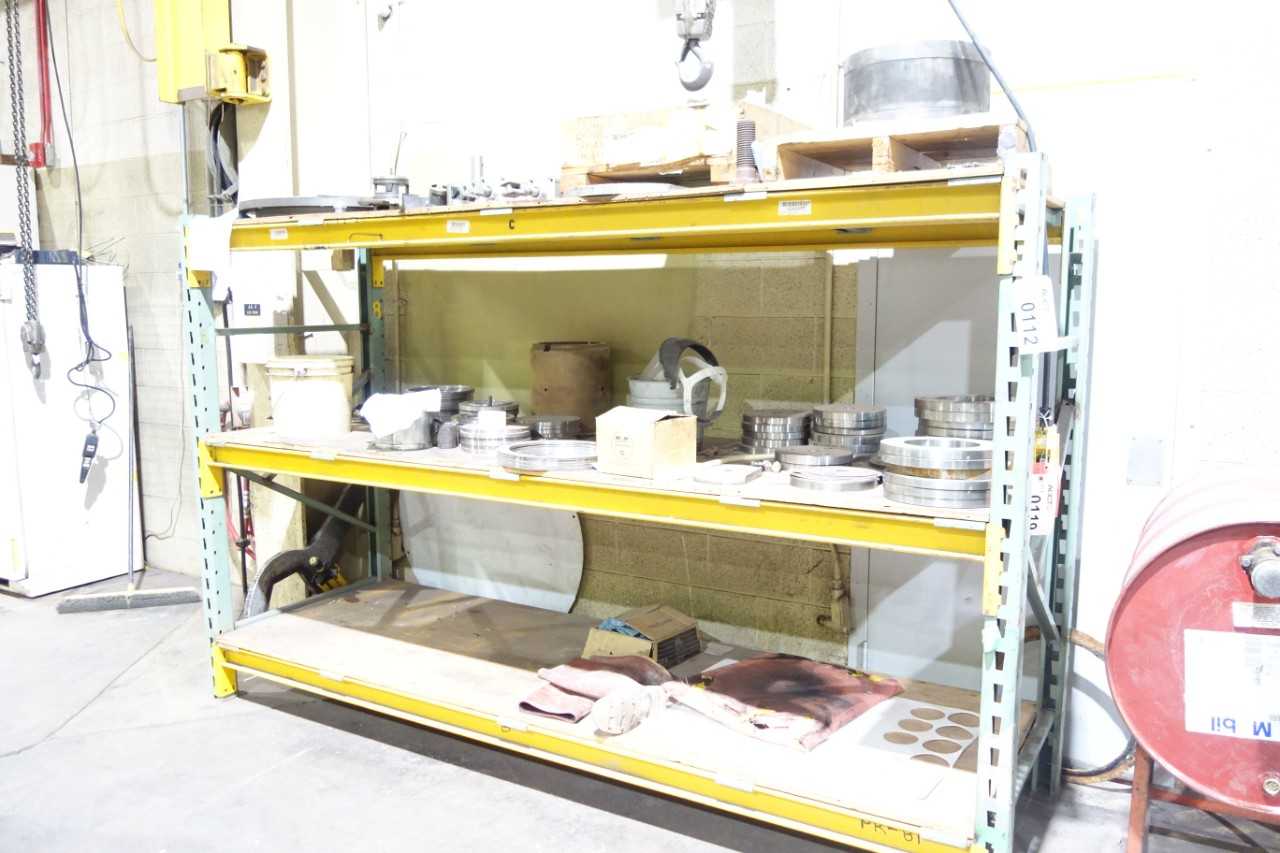 1 section pallet racking 36"x71" uprights, 9' beams with contents - blank flanges, misc replacement parts - PALLET RACKING