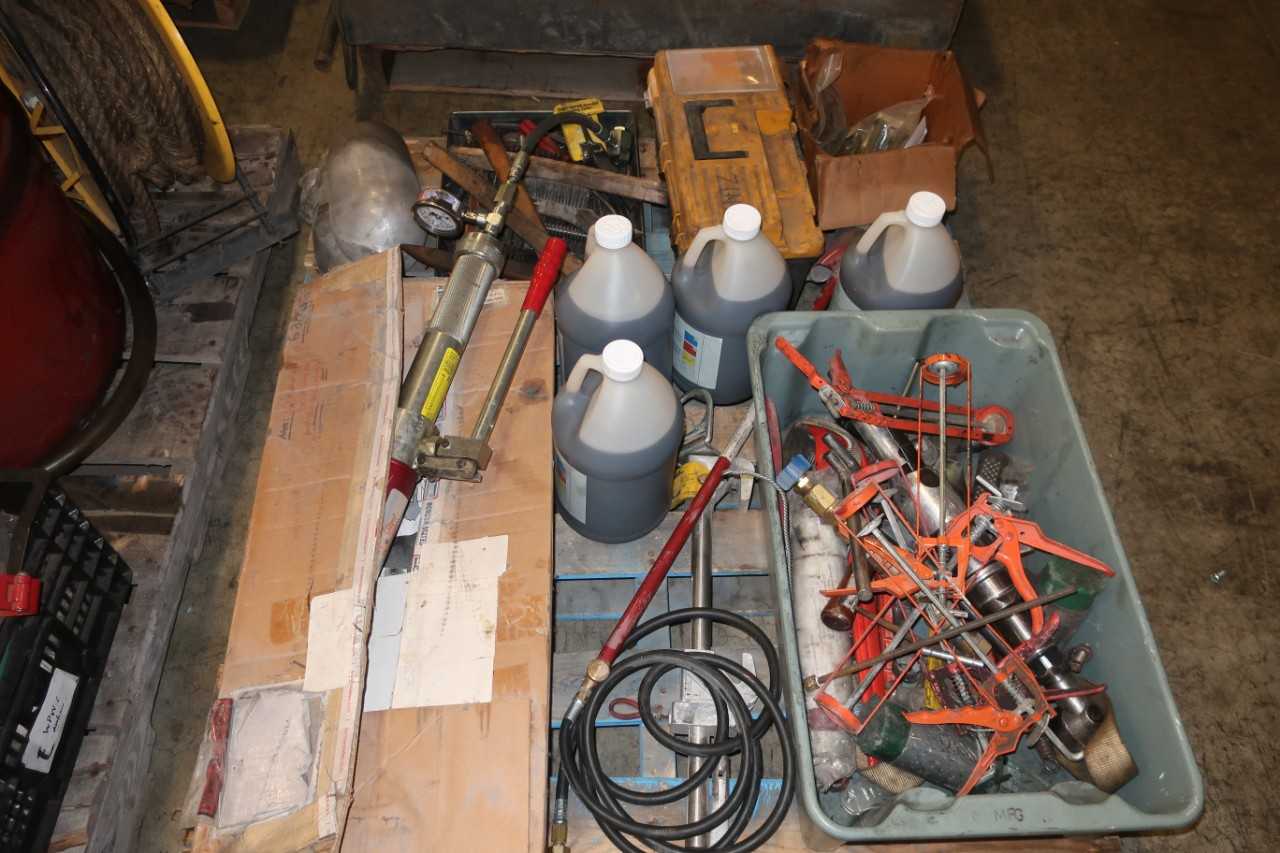 4 PALLETS OF ASSORTED TOOL & SHOP EQUIPMENT CLAMPS AGITATORS GREASE FANS TOOLS - ELECTRIC POWER TOOLS