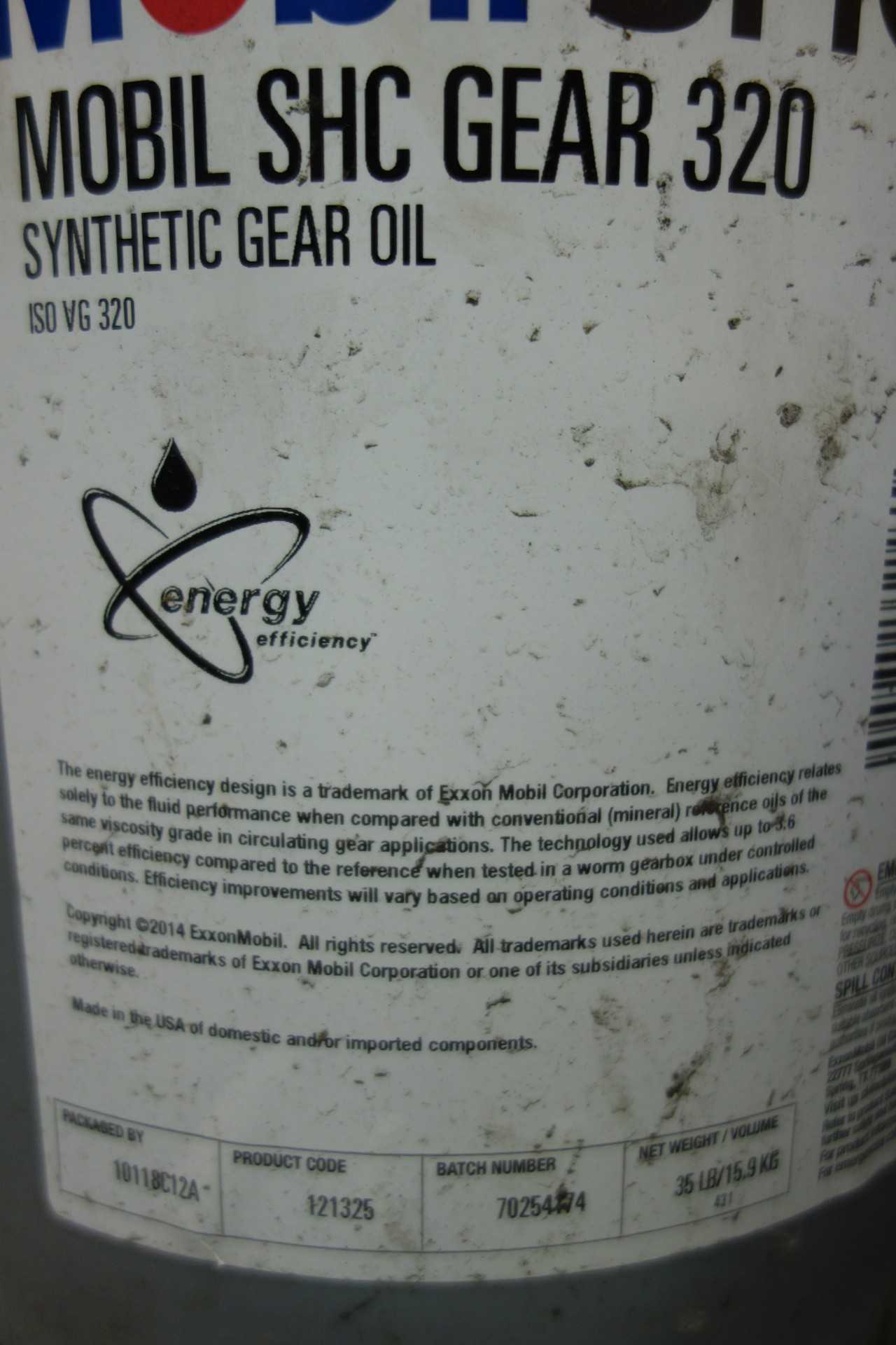 LOT OF 7 FULL 5 GALLON BUCKETS OF MOBIL SHC 320 SYNTHETIC GEAR OIL - GEAR REDUCERS