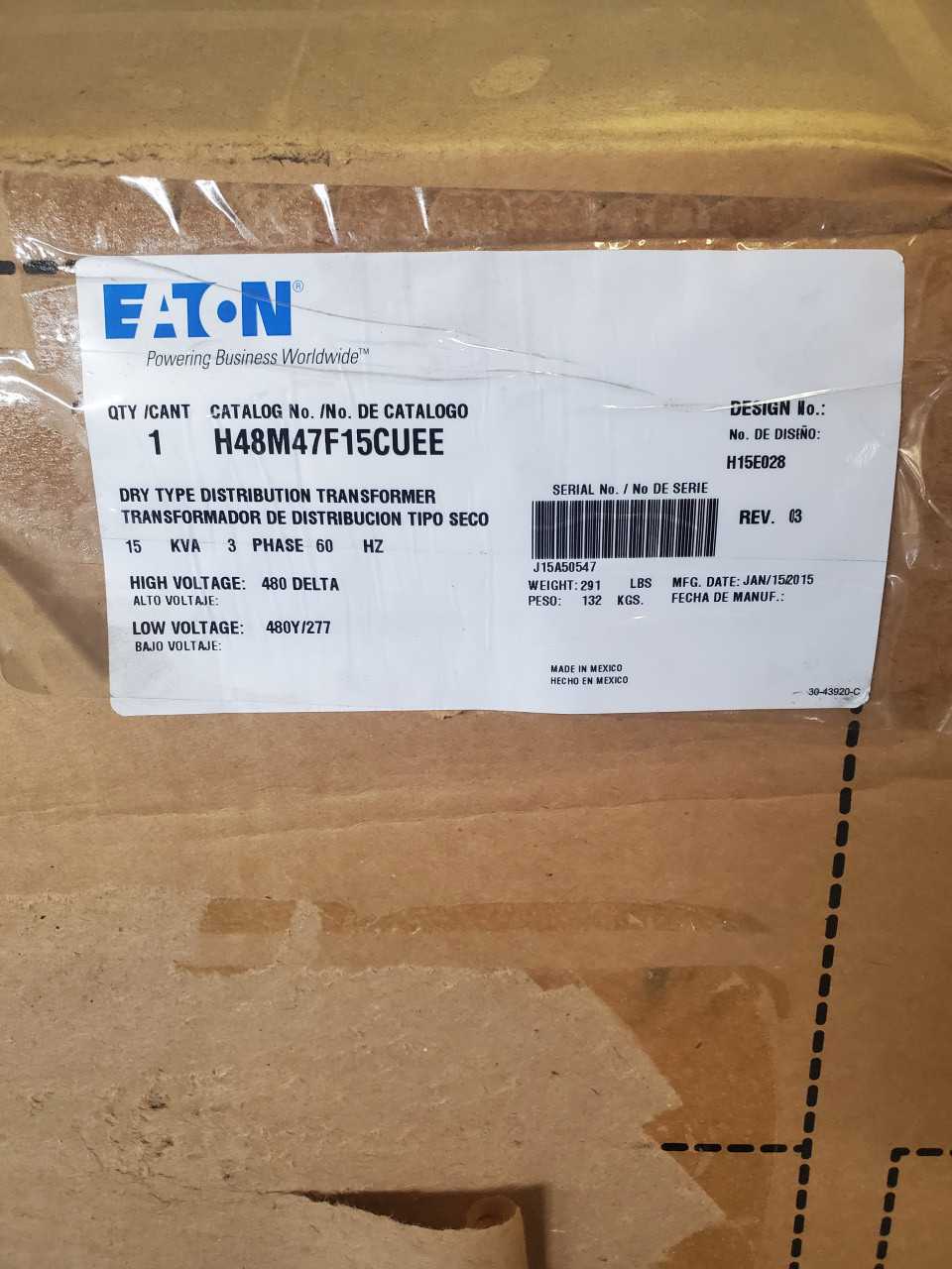 (1) Eaton H48M47F15CUEE Transformer 15KVA, 480 - CONTROL TRANSFORMERS