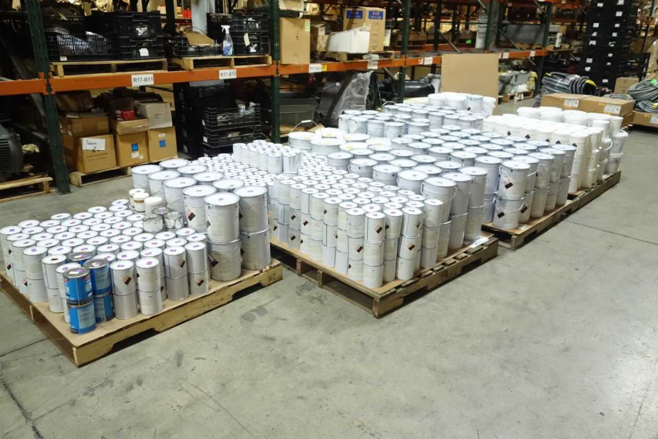 7 PALLETS OF VON ROLL EPOXY IMPREGNATING RESIN AND VARNISHES - HAND TOOLS
