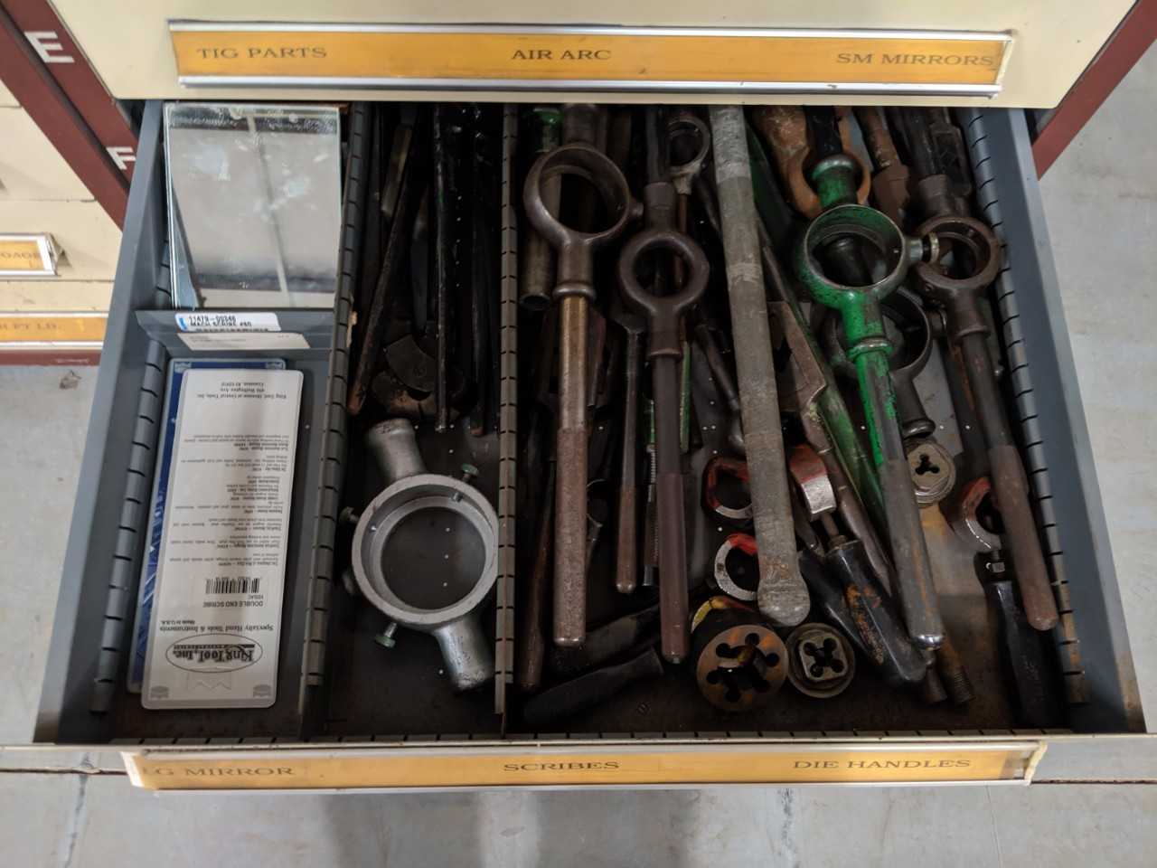 4 STANLEY VIDMAR CABINETS WITH CONTENTS - HEX SOCKETS, IMPACT SOCKETS, WRENCHES, VICE GRIPS, HOLE SAWS, WELDING ACCESSORIES - TOOL STORAGE