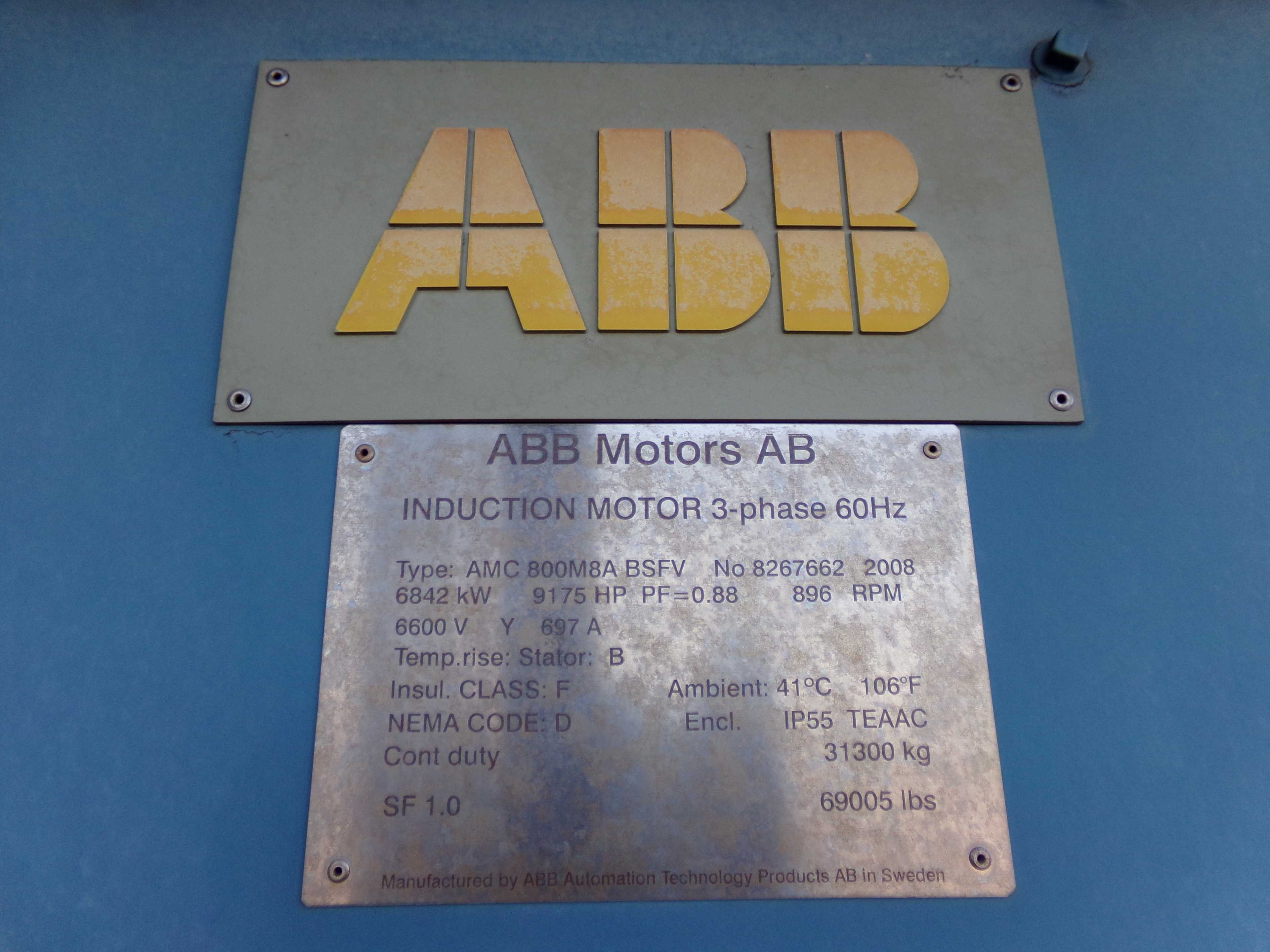 2008 ABB AMC 800M8A BSFV 3 PHASE INDUCTION MOTOR - ELECTRIC MOTORS