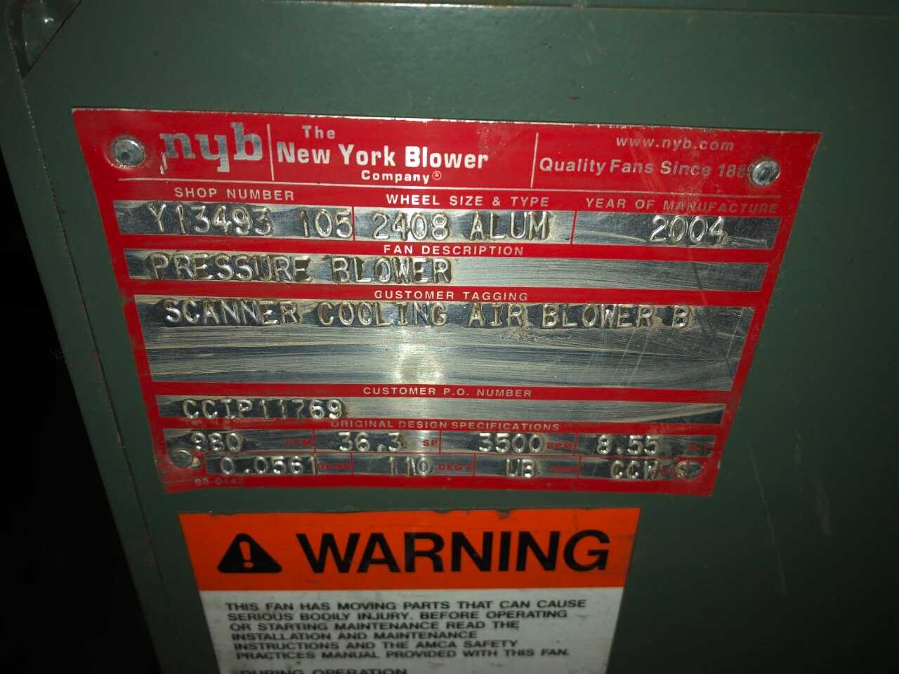 Lot of (2) 2004 NYB Co. Y13493 Pressure Blowers w/Baldor 15HP Motor (UNUSED) - Drake - ELECTRIC MOTORS