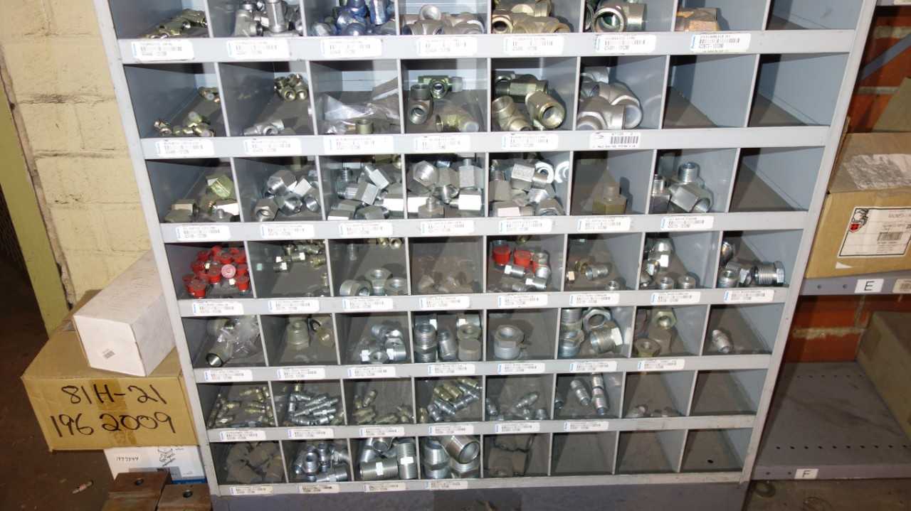 CABINET WITH CONTENTS, ASSORTED CONDUIT FITTINGS, FITTINGS, NIPPLES - INDUSTRIAL PARTS