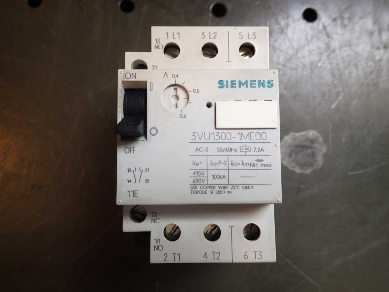 Siemens 3VU1300-1ME00 Rail Mount Circuit Breaker Motor Protector: 3ph, 7.2A - ELECTRIC MOTORS