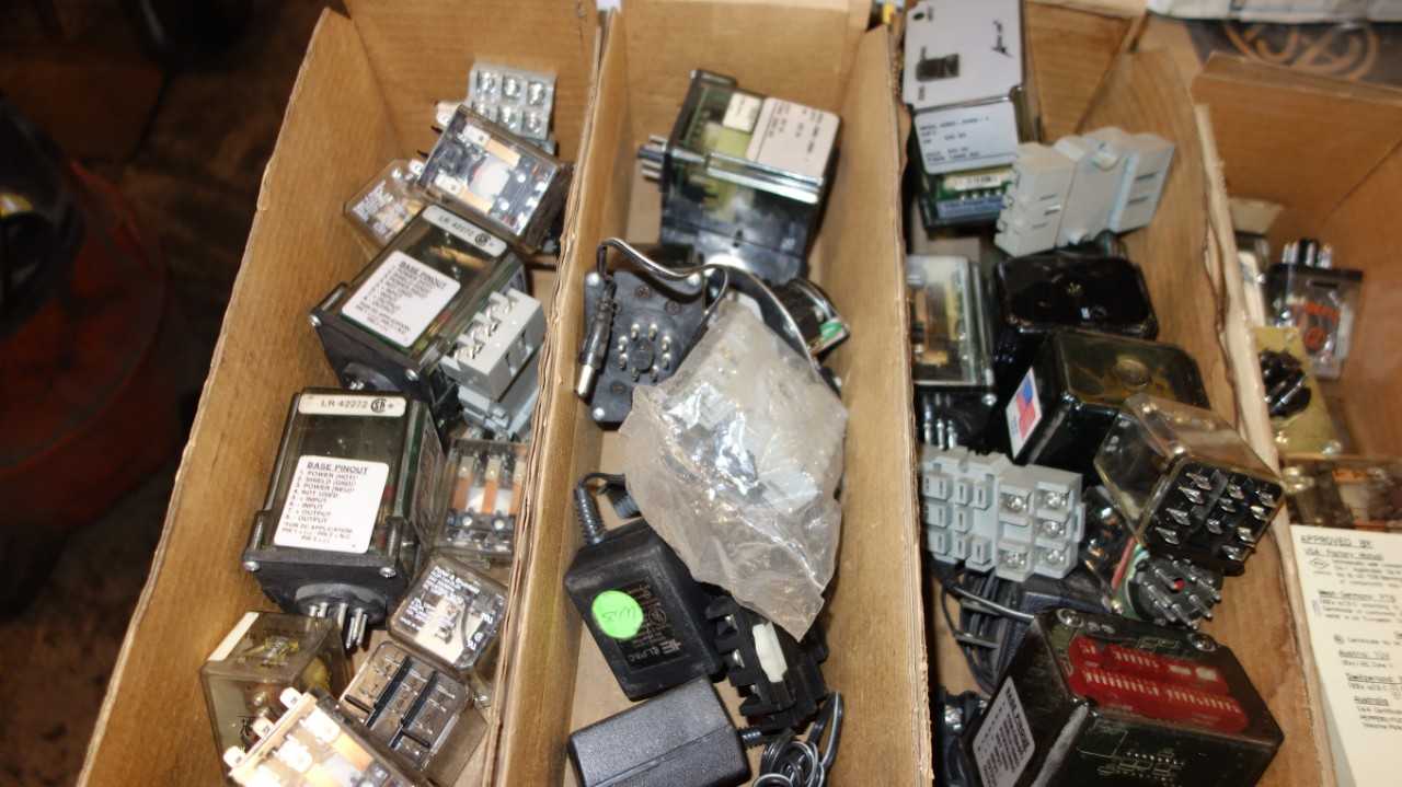 LOT OF 6 TOTES OF ASSORTED ELECTRICAL RELAYS, ACTION INSTRUMENTS - ELECTRICAL COMPONENTS