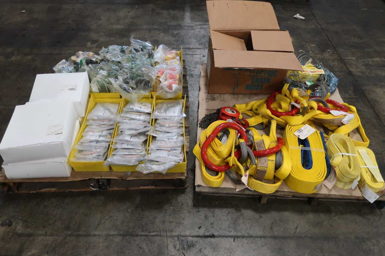 2 PALLETS OF ASSORTED HOISTING & RIGGING EQUIPMENT STRAPS CABLES CLIPS CHAIN HOISTS - LIFTING EQUIPMENT