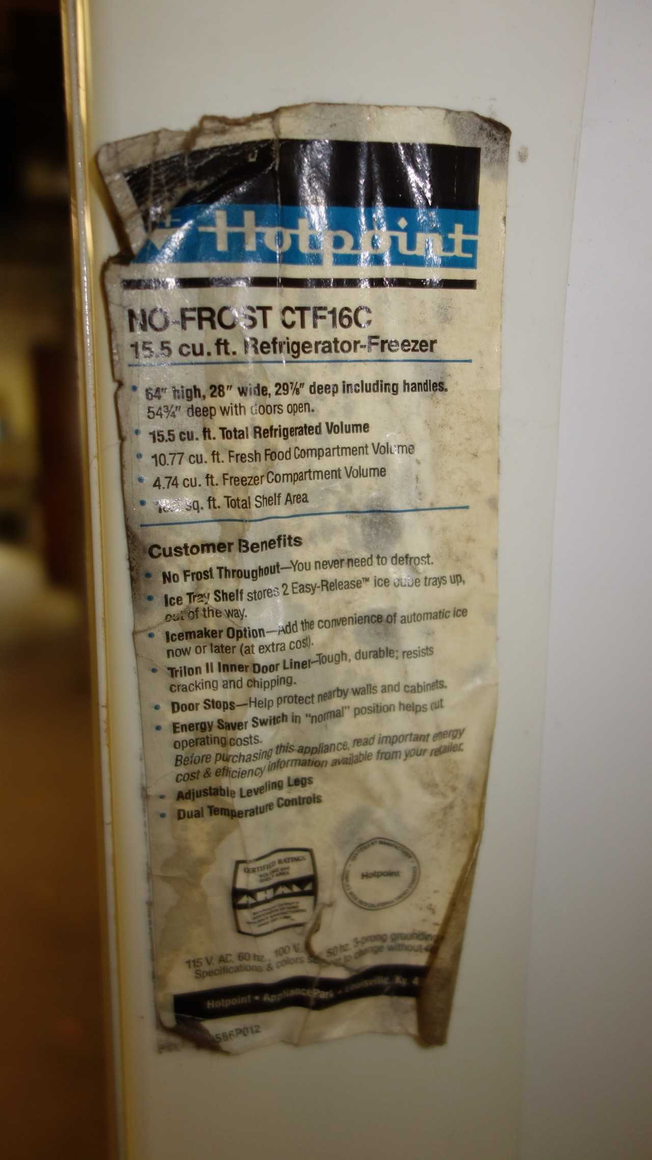 HOT-POINT CTF16C NO FROST 15.5CU FT REFRIGERATOR-FREEZER