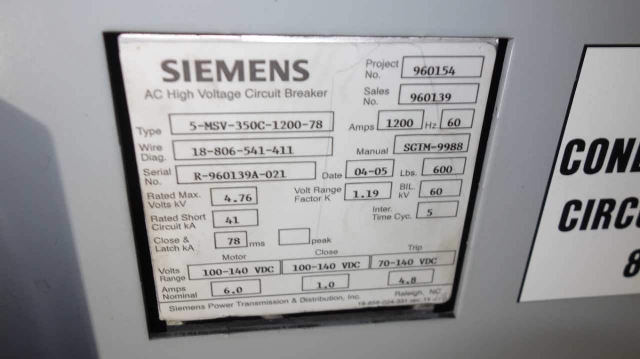 LOT OF 10 SIEMENS 5-MSV-350C-1200-78 1200A 4.76KV AC HIGH VOLTAGE CIRCUIT BREAKER - CIRCUIT BREAKERS