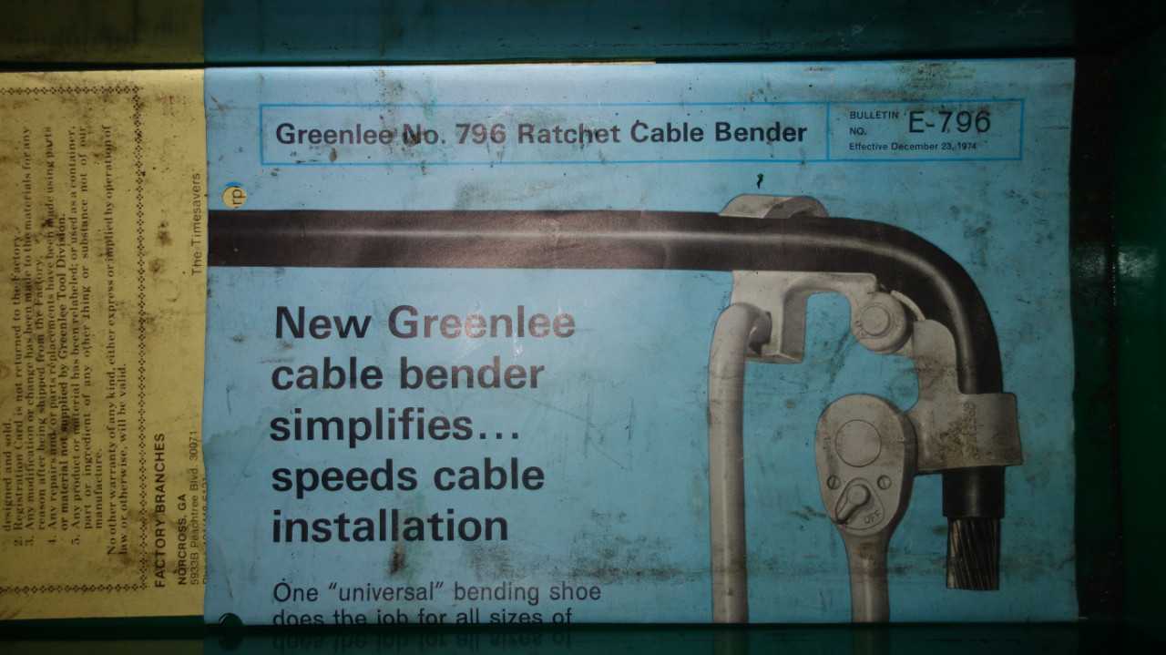 GREENLEE 796 RATCHET CABLE BENDER SET - HAND TOOLS