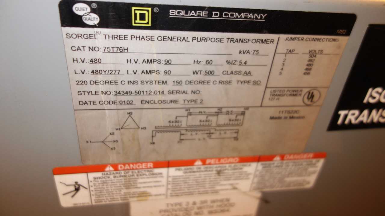 LOT OF 2 ASSORTED TRANSFORMER 480V-AC 277V-AC, SQUARE D 75KVA, OLSUN 50KVA (DELAYED REMOVAL) - CONTROL TRANSFORMERS