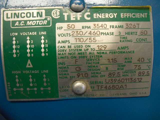 50 HP 3600 RPM 326T Frame Lincoln Motor - ELECTRIC MOTORS