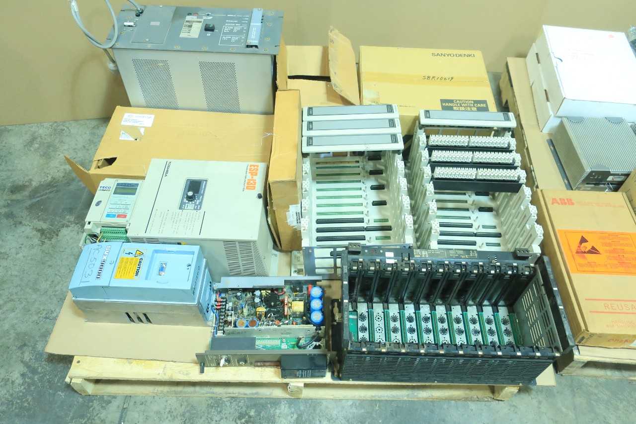 2 PALLETS OF ASSORTED ELECTRICAL MOTOR DRIVE, POWER SUPPLY, SERVO AMP, CIRCUIT BOARD, CHASSIS RACK, MODULES, SERVO DRIVE, CIRCUIT BOARD CONTROLS- TECO, FOXBORO, TOBISHA, GENERAL ELECTRIC, SANYO DENKI, SCHNEIDER, BAILEY, PACIFIC SCIENTIFIC - AUTOMATION & CONTROLS
