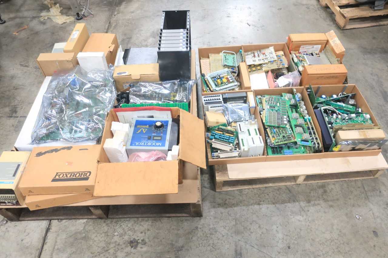 2 PALLETS OF ASSORTED ELECTRICAL CIRCUIT BOARDS, MODULES, CHASSIS RACK, POWER SUPPLY PROCESSOR, SERVO MOTOR, SWITCH CONTROLS- ABB, YASKAWA, FOXBORO, OMRON, GE FANUC, BLACK BOX - AUTOMATION & CONTROLS