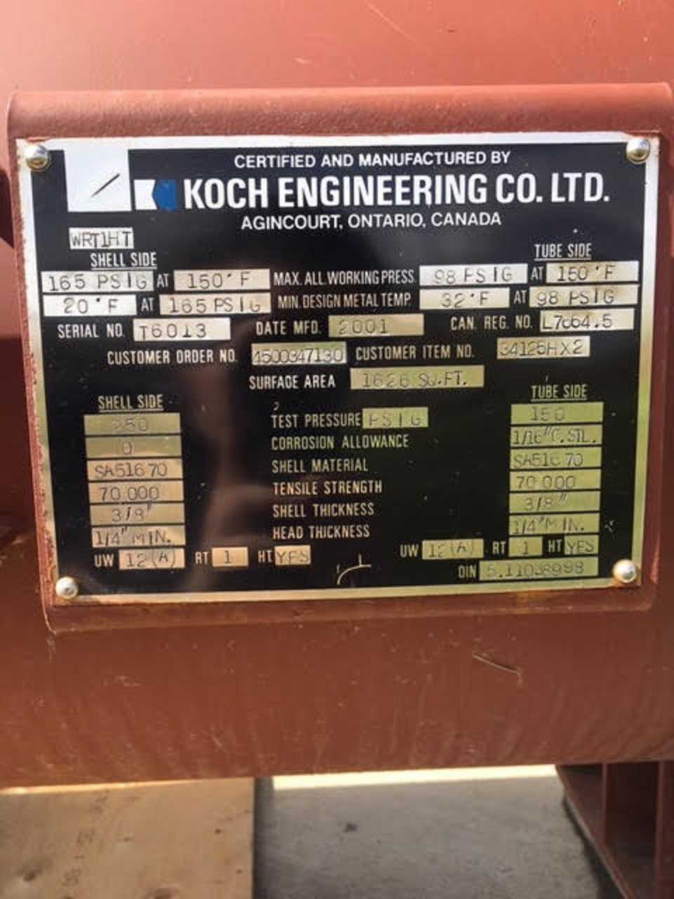 KOCH ENGINEERING STEEL SHELL AND TUBE HEAT EXCHANGER 1626 SQ FT 165PSI @ 150F -