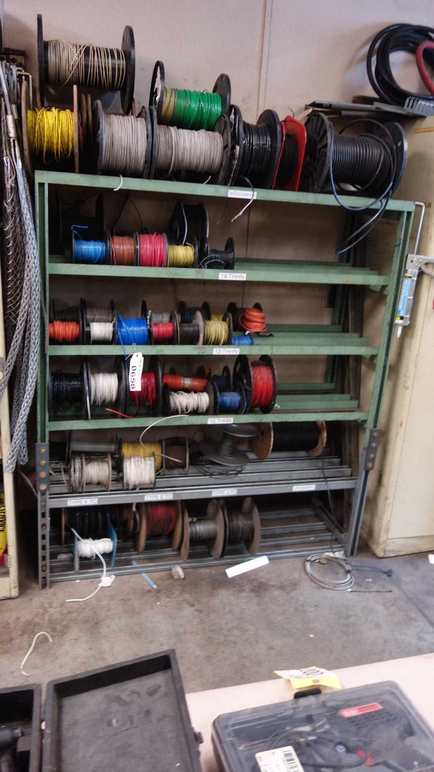 CONTENTS OF SHELF COLUMN, LOT OF ASSORTED WIRE SPOOLS - INDUSTRIAL PARTS