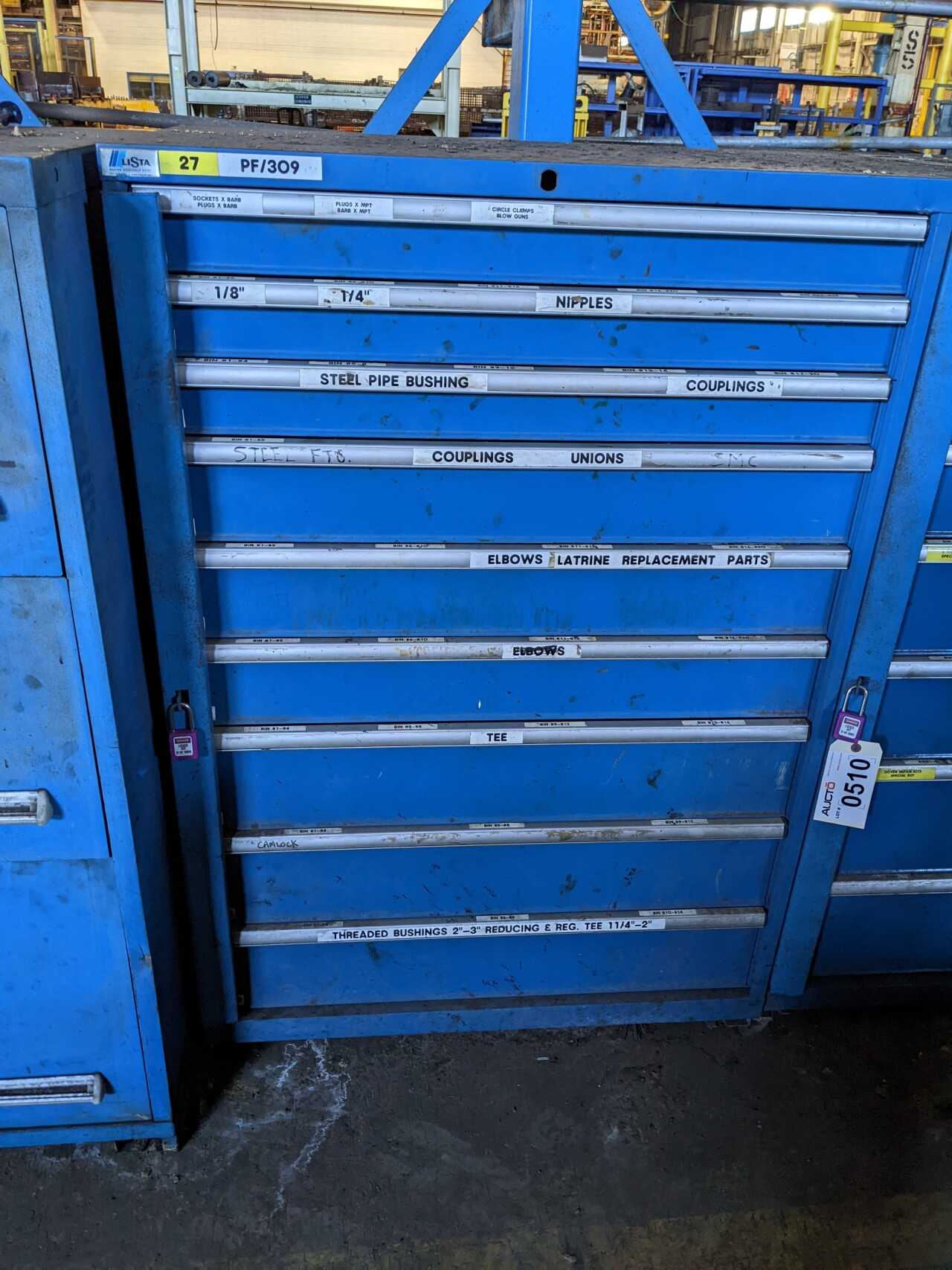 9 DRAWER LISTA CABINET WITH CONTENTS, ASSORTED NIPPLES, BUSHINGS, ELBOWS, TEES - TOOL STORAGE