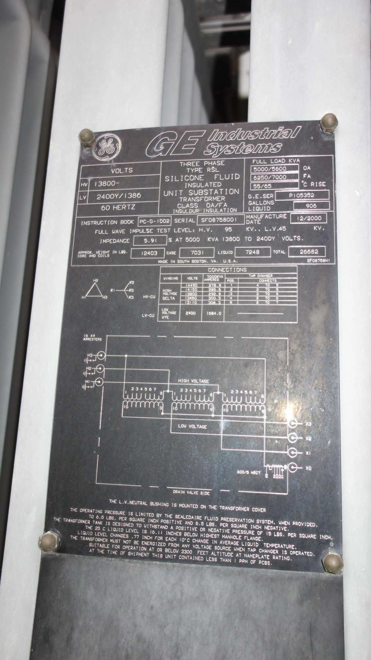 GE Substation RSL 5000/5600KVA 13800V-AC OIL FILLED TRANSFORMER - CONTROL TRANSFORMERS
