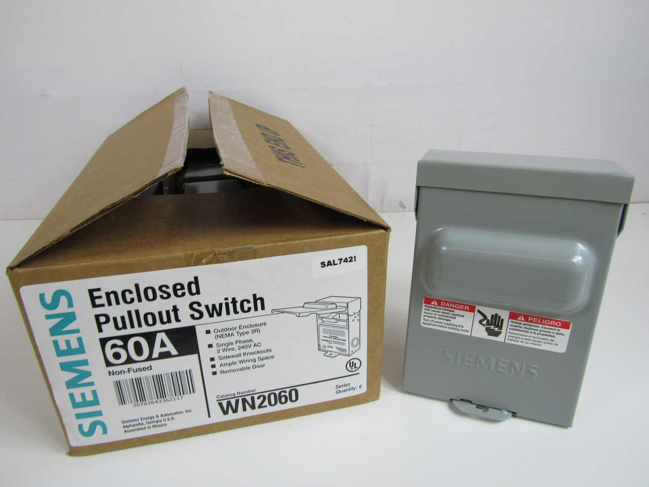 Lot of Qty 155x Siemens WN2060 Disconnect Switch Pullout Type 60A 240VAC 1Ph Non Fusible 2Wire NEMA Type 3R - DISCONNECT SWITCHES