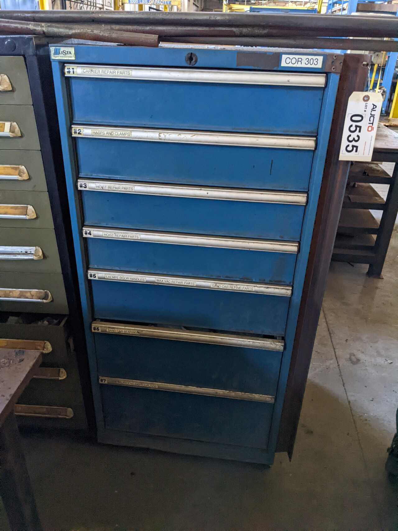 7 DRAWER LISTA TOOL CABINET WITH CONTENTS, ASSORTED BEARINGS, HOIST REPAIR PARTS, CLAMPS, PIPE FITTINGS - TOOL STORAGE