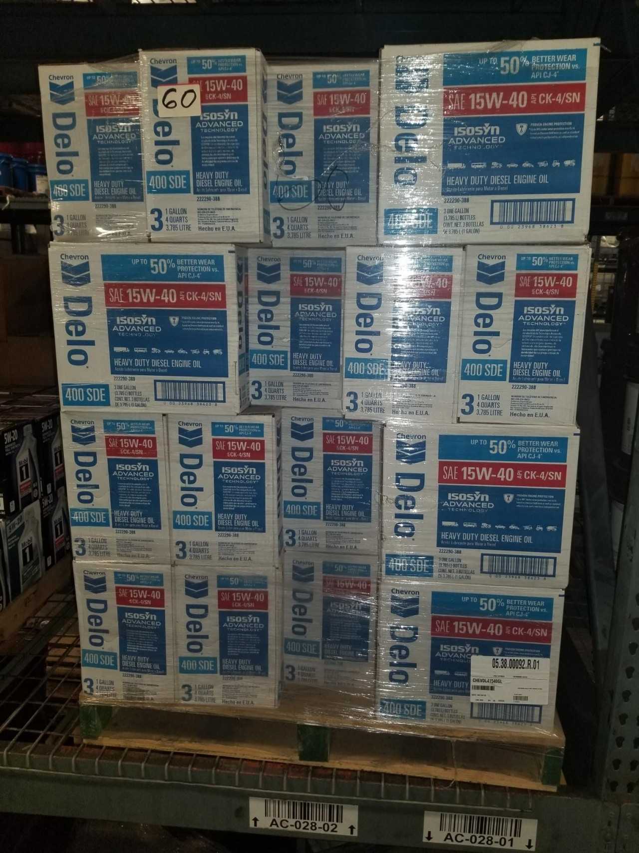 Lot of 64 Cases - CHEVRON DELO 400 SDE 15W40  3X1GA (192 gallons total) - MISCELLANEOUS