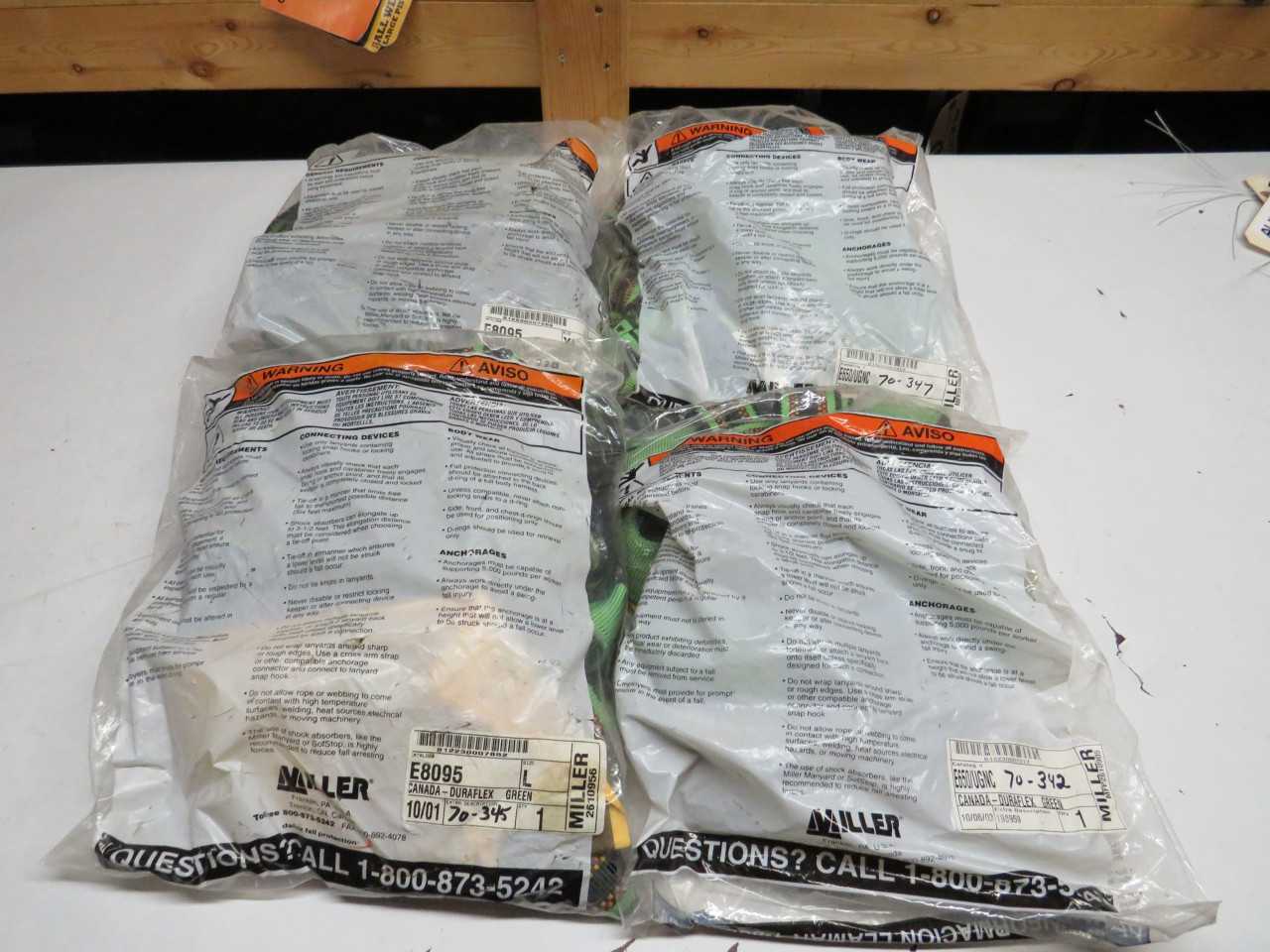 LOT OF 4 MILLER 2X E8095, 2X E650/UGNC FULL BODY HARNESS - SAFETY SWITCH